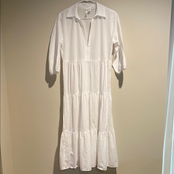 Romantic Flowy White Tiered Ruffle Cotton Deep V-Neck Collar Dress - Picture 2 of 9